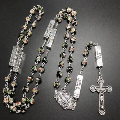 China Catholic religious 8mm black cloisonne beads rosary necklace with five mysteries for sale