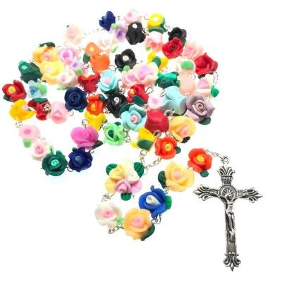 China Candy Rose Bright Colorful Soft Ceramic Beads Rose Flower Rosary Catholic Crucifix Necklace for sale