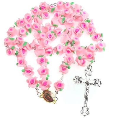 China Soft Clay Rose Beads Rosary Soft Clay Rosary Necklace with Gold Center Guadalupe Rosary Virgin of Jesus Cross Necklace for sale