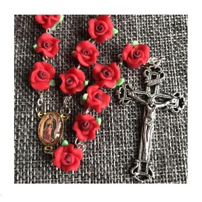 China Guadalupe Rosary Center Red Handmade Clay Virgin Mary Rosary Jesus Cross Soft Necklace Rose Beads Rosary for sale