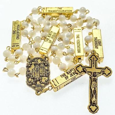 China Europe Sea Fancy Shell Rosary Pearly Fatima Center With Mysteries Ancient Connector Metal Five Gold Religious Necklace for sale