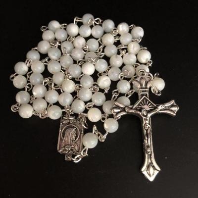 China 6mm catholic rosary necklace wholesale natural shell glass sea beads, religious rosario with jesus cross for sale