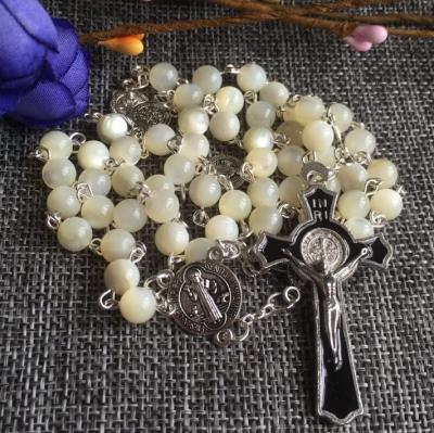 China Nice Pearly Sea Shell Rosary From Europe, Saint Benedict Rosary Necklace for sale