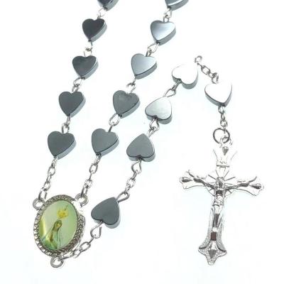 China Europe 8mm Hematite Rosary Heart Beads Fatima Center Jesus Cross Zinc Alloy Pendant for sale