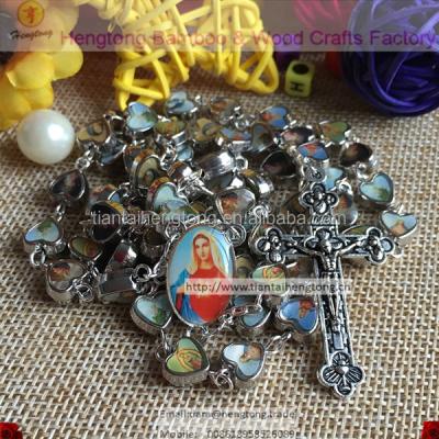 China Acrylic mix catholic numbers on alloy heart rosary which is mixed with saint icon and Virgin Mary centerpiece for sale