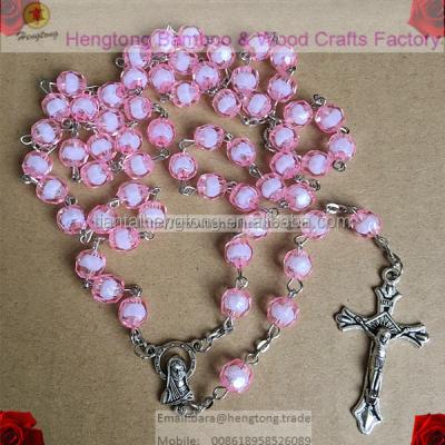 China Pink rosary necklace from Europe, catholic rosary, religious rosary with 8mm facet plastic bead and Virgin Mary as center of rosary for sale