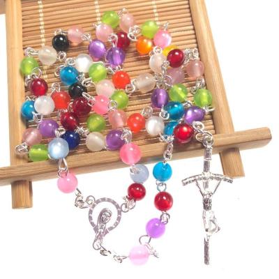 China Europe 6mm Colorful Round Resin Cat Eye Bead Rosary Virgin Mary Rosary Necklace for sale