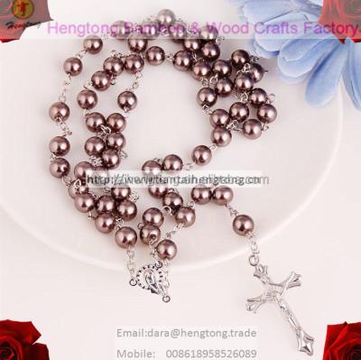 China Dark brown rosary necklace from Europe, 8mm pearl rosary, immitation pearl rosary with Virgin Mary center and Jesus cross for sale