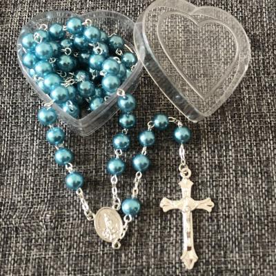 China Natural Blue 8mm Bead Rosary Beads, Catholic Necklace With Clear Heart Rosary Box for sale