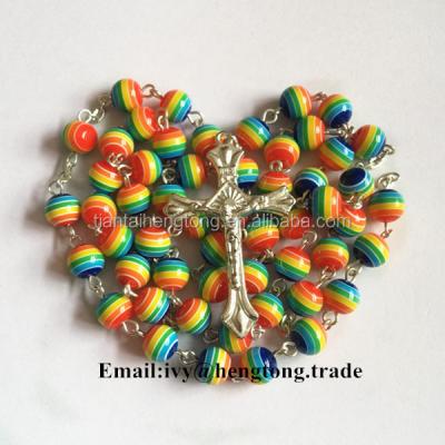 China Hot Sale Europe Fashional Resin Rosary Colorful Alloy Crucifix Religious Bead Chain Necklace for sale