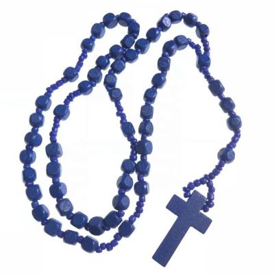 China Europe 8mm Round Corner Square Beads Wooden Beaded Cube Rosary Blue Wooden Necklace Religious Rosary for sale