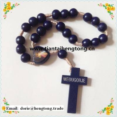 China Wooden wooden rosary bracelet with catholic cross, cord rosary, knotted religious rosary for sale