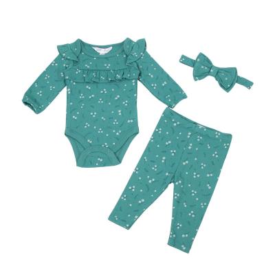 China Wholesale Breathable 3 Pcs Ribbed Ruffles Long Sleeve Romper Pants Newborn Baby Clothes Headband Clothing Sets for sale