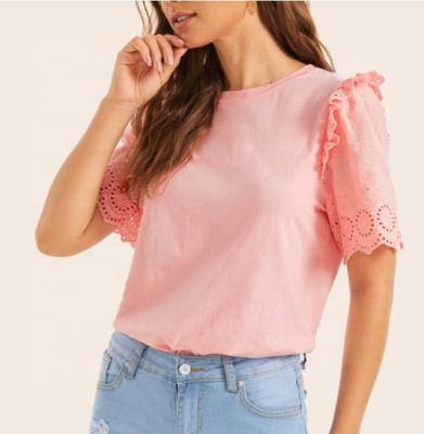 China hot sale Anti-wrinkle ladies ruffle trim T-shirt cute carnation embroidered sleeve blouse summer fashion women top for sale