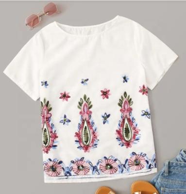 China Anti-wrinkle white cotton tops fashion design wholesale women embroidered summer blouses and tops shirt/blouse for women floral pattern for sale