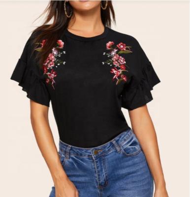 China Summer Casual Wear Breathable Ruffle Sleeve Cotton Women Floral Embroidered Shirt for sale