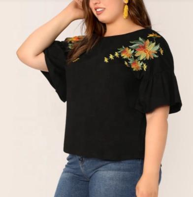 China Wholesale OEM Anti-Wrinkle Plus Size Summer Flower Embroidery T-shirts Women Casual Ruffle Sleeve Tops for sale