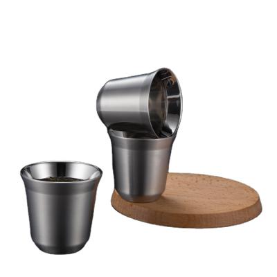 China Viable Double Stainless Steel Teacup Wall Mounted Stainless Steel Tea Cup Double Wall Coffee Cup and Saucer Set for sale