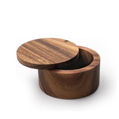 China Factory Supply Direct Brown Wooden Round Spice Box Salt Box Eco - Friendly Salt Cellar Stored for sale