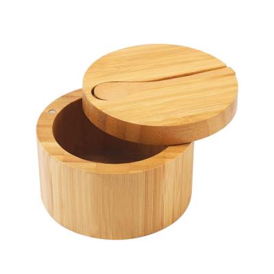 China Salt Desktop Round Box Acacia Wood Container Kitchen Display Spice Stored Wooden Box With Swivel Cover for sale