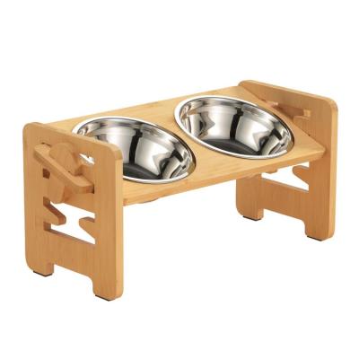 China Adjustable Bamboo Wood Elevated Small Pet Stocked Wheels Elevated Feeder For Elevated Dogs Cat Food Bowls for sale