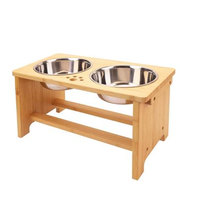 China Bamboo High Stocked Dog Feeder Raise Rack Double Wheels Solid Double Rack Pet Bowls for sale