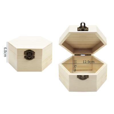 China Handmade Custom Hexagonal Decorative Hinged Wooden Box Lid Packaging Box Opens Wooden Box for sale