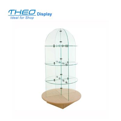 China Modern Free Standing Black Base Cube Tower Rotating Glass Display Case for sale