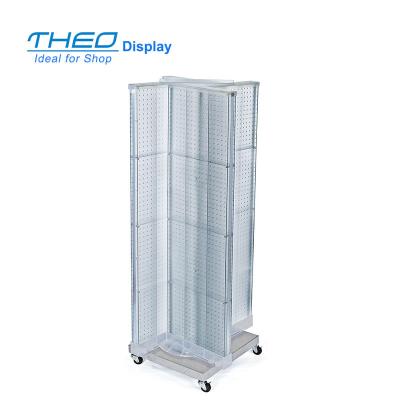 China Modern Sun Pegboard Plastic Floor Display Stand With Wheeled Revolving Base for sale