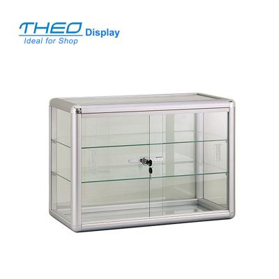 China Modern Small Three Shelves Frameed Aluminum Glass Countertops Display Showcase for sale