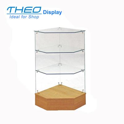 China Modern Free Standing Maple Frameless Corner Display Case for sale