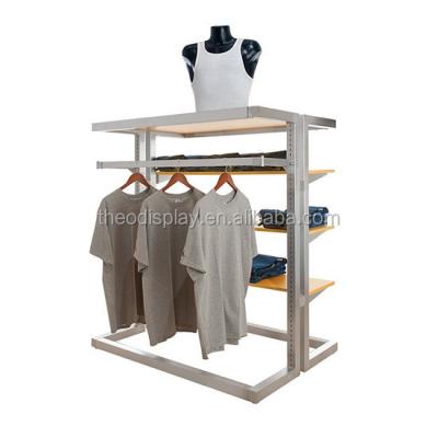 China Modern Free Standing Clothing Display Gondola With Shelves And Hang Rail for sale