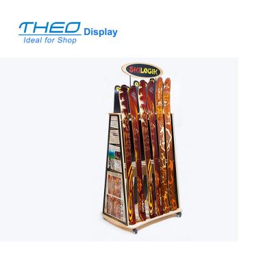 China Modern 2 Sided Wooden Skis Retail Display Rack With Casters / Mobile Wooden Skis Display Rack for sale