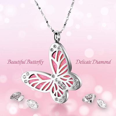 China Stainless Steel CLASSIC Aromatherapy Zircon Butterfly Necklace Diffuser Essential Oil Pendant Pendant with Adjustable Chain and Felt Pads for sale