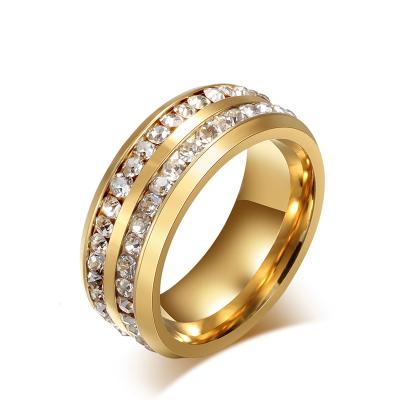 China Other Elegant Gold-color Stainless Steel Wedding Anel Two Row Crystal Ring Elegant For Women for sale