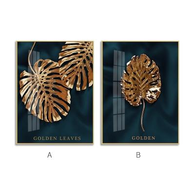 China High Resolution Modern Canvas Wall Art Decor Hanging Glass Leaves Gold Wall Painting Design With Frame for sale