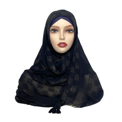 China 2023 Shiny New Modest Fashion Scarves Black Viscose Gold Yarn Hijab Women Muslim Tartan Wholesale Viscous Tassels Long Islamic for sale