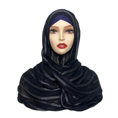 China Newest Color Viscose 2023 Edge Stripe Hijab Scarf Islamic Muslim Women Fashion Simple Soft Viscose Silver Shiny Black Scarves for sale