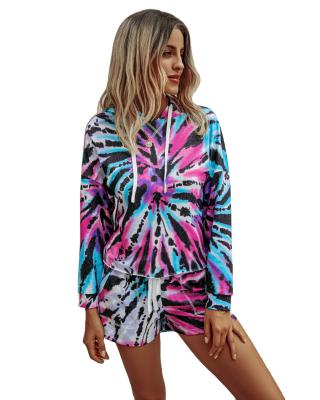 China Shein Fashion Tracksuit Breathable Casual Tie Dye Long Sleeve Tops Lace Up Shorts Pants Womens 2 Piece Set for sale