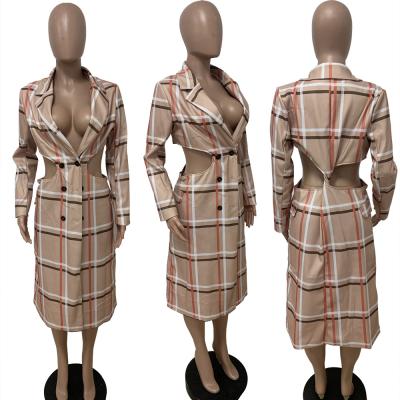 China Wholesale Raincoat LD81048 Waterproof Over The Knee Woolen Coat Plaid Cardigan Hollow Back Coat for sale