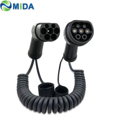 China Three Phase 16A 32A 5M Type 2 to Type 2 EV Coiled Cable EV charger cable for sale