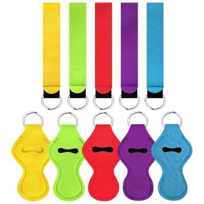 China Portable Blank Logo Sublimation Colored Neoprene Lip Balm Lip Gloss Case Lipstick Main Chain Holder for sale