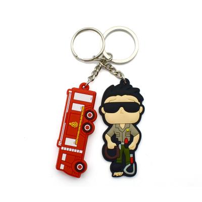 China Custom Cool Firefighter Promotional Fire Truck Cute Character Inspectors Safety Guard Gifts Rubber Pvc Bus Key Chain for sale