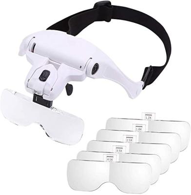 China Reading Headband Magnifier LED Glass Magnifying Glass Strip is interchangeable with 5 replaceable 1.0x, 1.5x, 2.0x, 2.5x, 3.5x glasses for sale