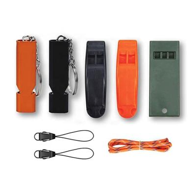 China Outdoor Camping Hiking Rescue Custom 5 Packs Light Whistle Cheap Emergency Loud Survival Climbing Hunting Whistle With Lanyard Keychain for sale