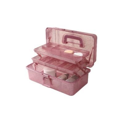 China Sustainable Modern design all glitter Large Capacity Three-Layer Multi-function cosmetic Foldable plastic storage box with handle for sale