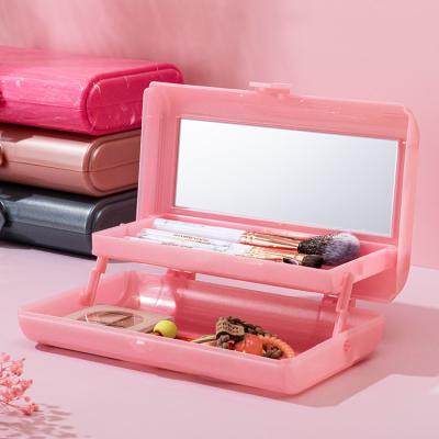 China Sustainable Multi functional 2-layer plastic cosmetic storage box jewelry storage box foldable with mirror for sale