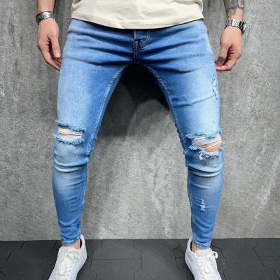 China Color Fade Proof Cotton Holes Waist Zipper Fly Pencil Washed Slim Thin Ripped Middle Denim New Pants Mens Jeans Pants for sale