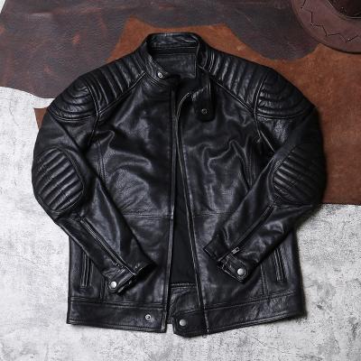 China Raincoat Custom Design Stand Collar Zipper Full Pockets Motorcycle Lined Men Genuine Sheep Real Leather Jacket for sale