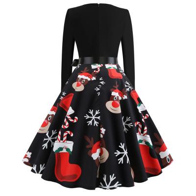 China Breathable Women Long Sleeve Santa Christmas Dress Woman Round Neck Vintage Snowman Printing Christmas Dress - for sale